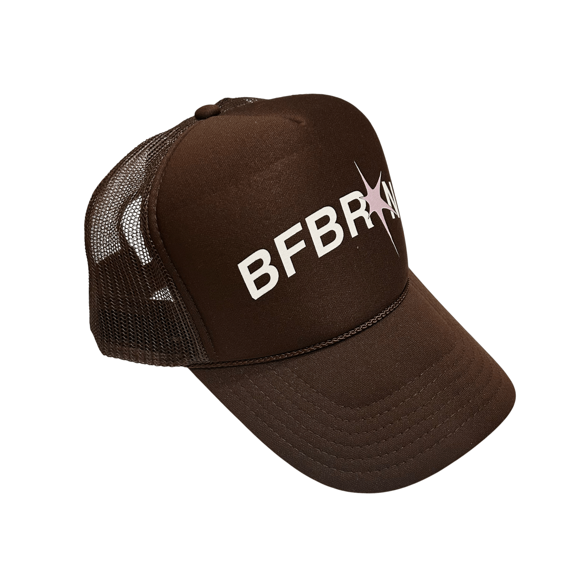 BFBRKN Trucker (Brown) five panel curved brim adjustable hat in brown with structured silhouette and color-match under brim.